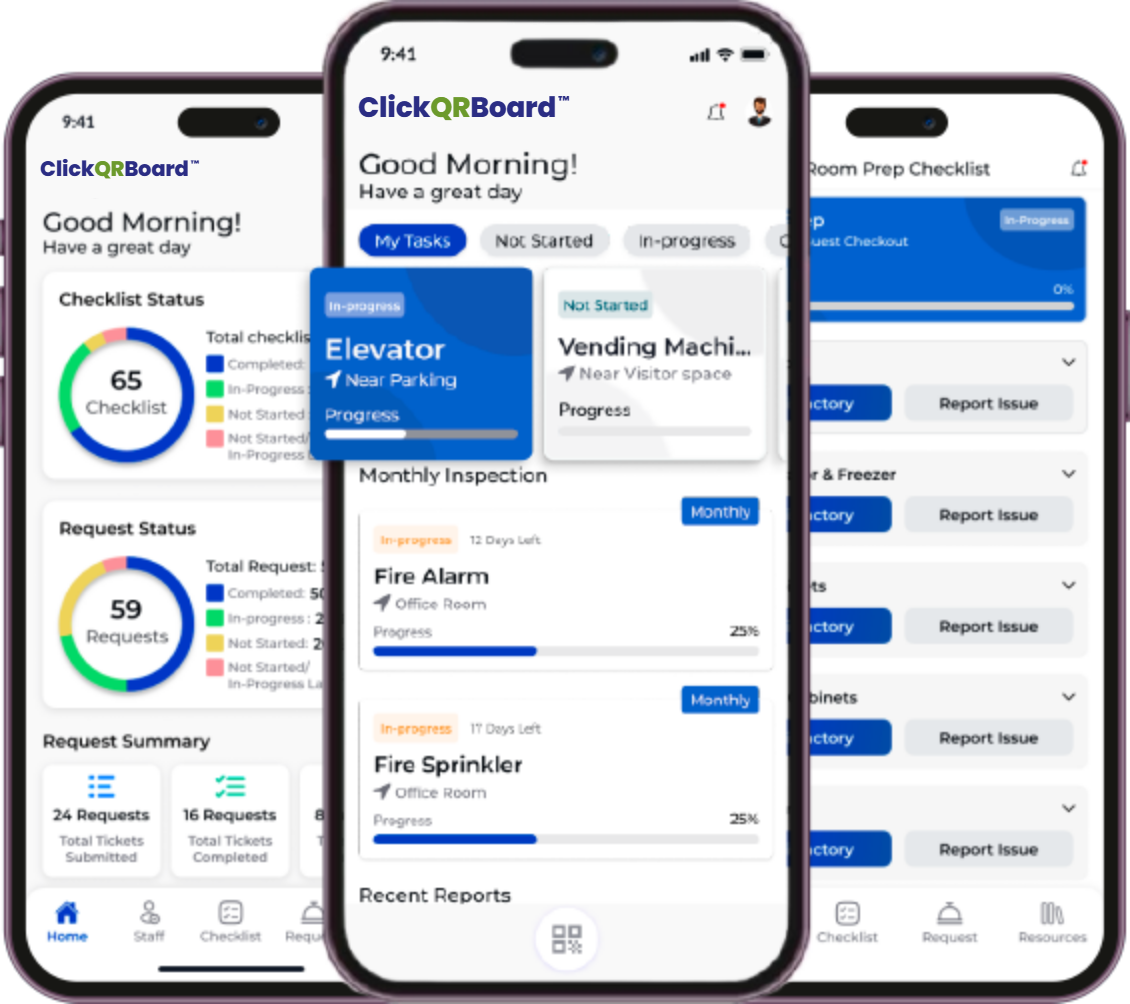 ClickQRBoard mobile app screens showing checklists, requests and inspections